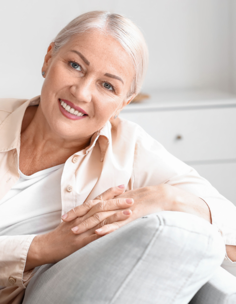 a woman in menopause who uses menopausal skincare