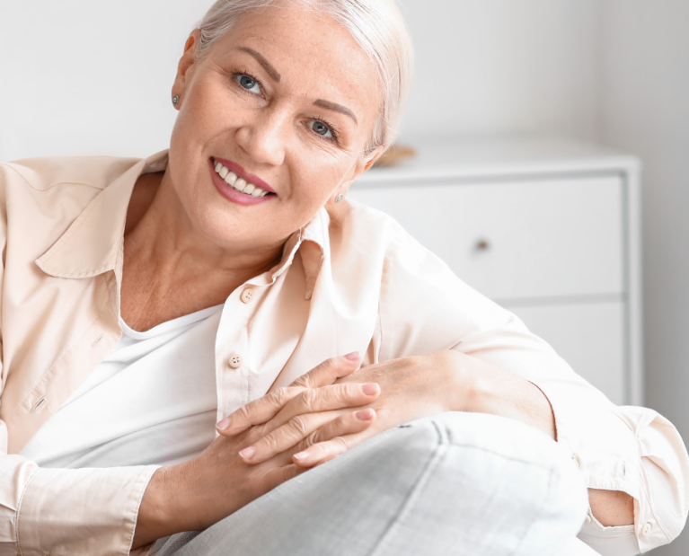 a woman in menopause who uses menopausal skincare